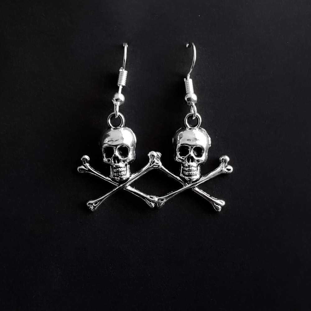 Silver Skull & Bones Drop Earrings - Picture 2 of 2